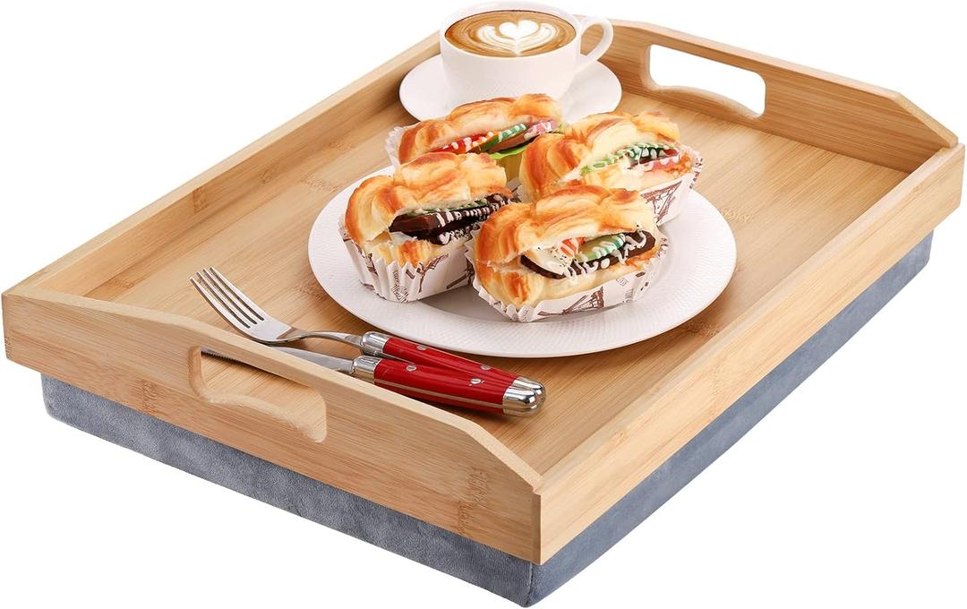 Cedilis Bamboo Lap Tray with Detachable Pillow, 16.9 x13 in Serving Tray with Handles for Bed Eating