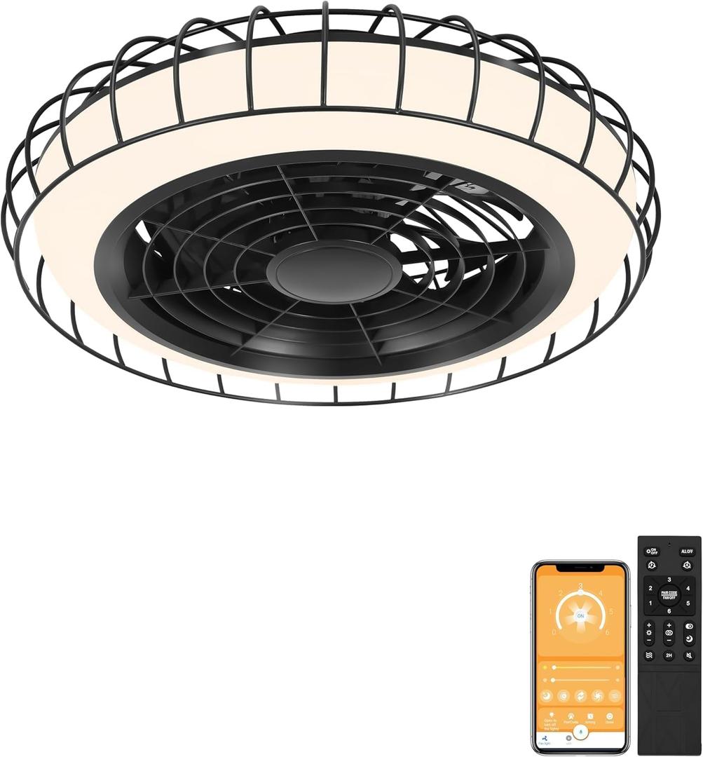 Ohniyou 20'' Enclosed Ceiling Fan with Lights, Bladeless Fan with Light and Remote, Low Profile Ceiling Fan With Dimmable LED, 6 Speeds, Reversible,Quiet, Flush Mount for Bedroom