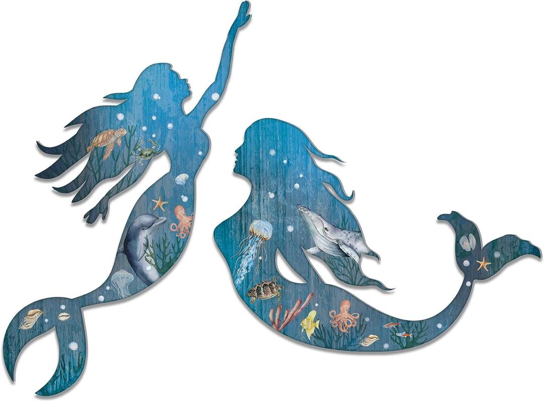 Pelopy 2 Pack Metal Mermaid Wall Art Rustic Bathroom Hanging Mermaid Wall Decor Blue Sculpture Decorations for Room Patio Swimming Pool Bathroom