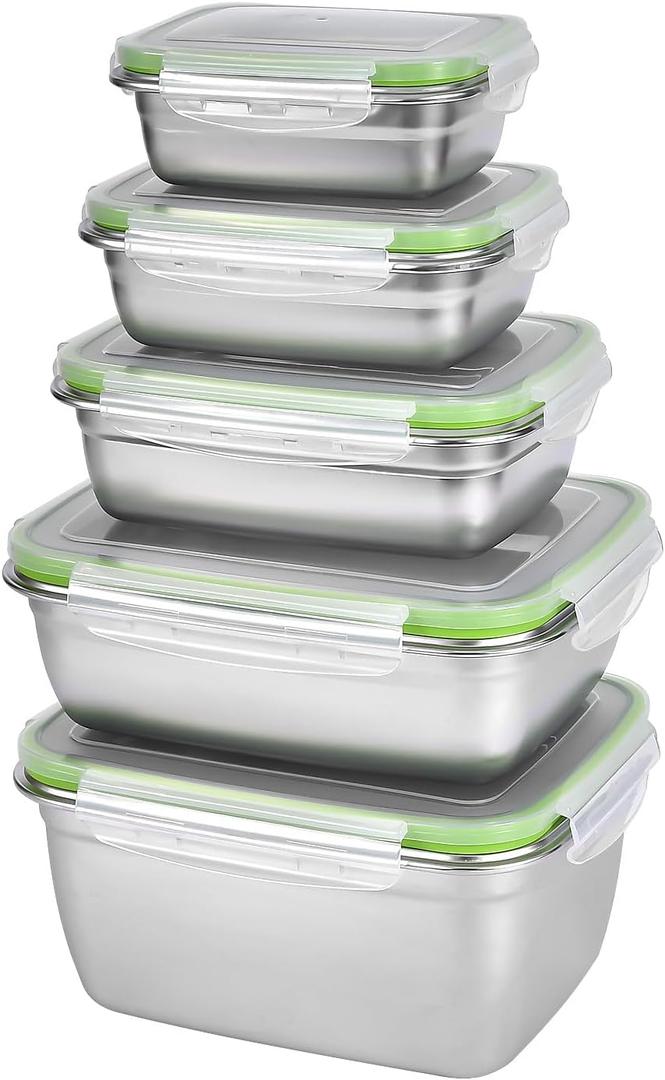 UPTRUST Stainless Steel Food Storage Containers | Leak Proof & Airtight Lids | Set of 5 Containers, Dishwasher & Freezer Safe, Green