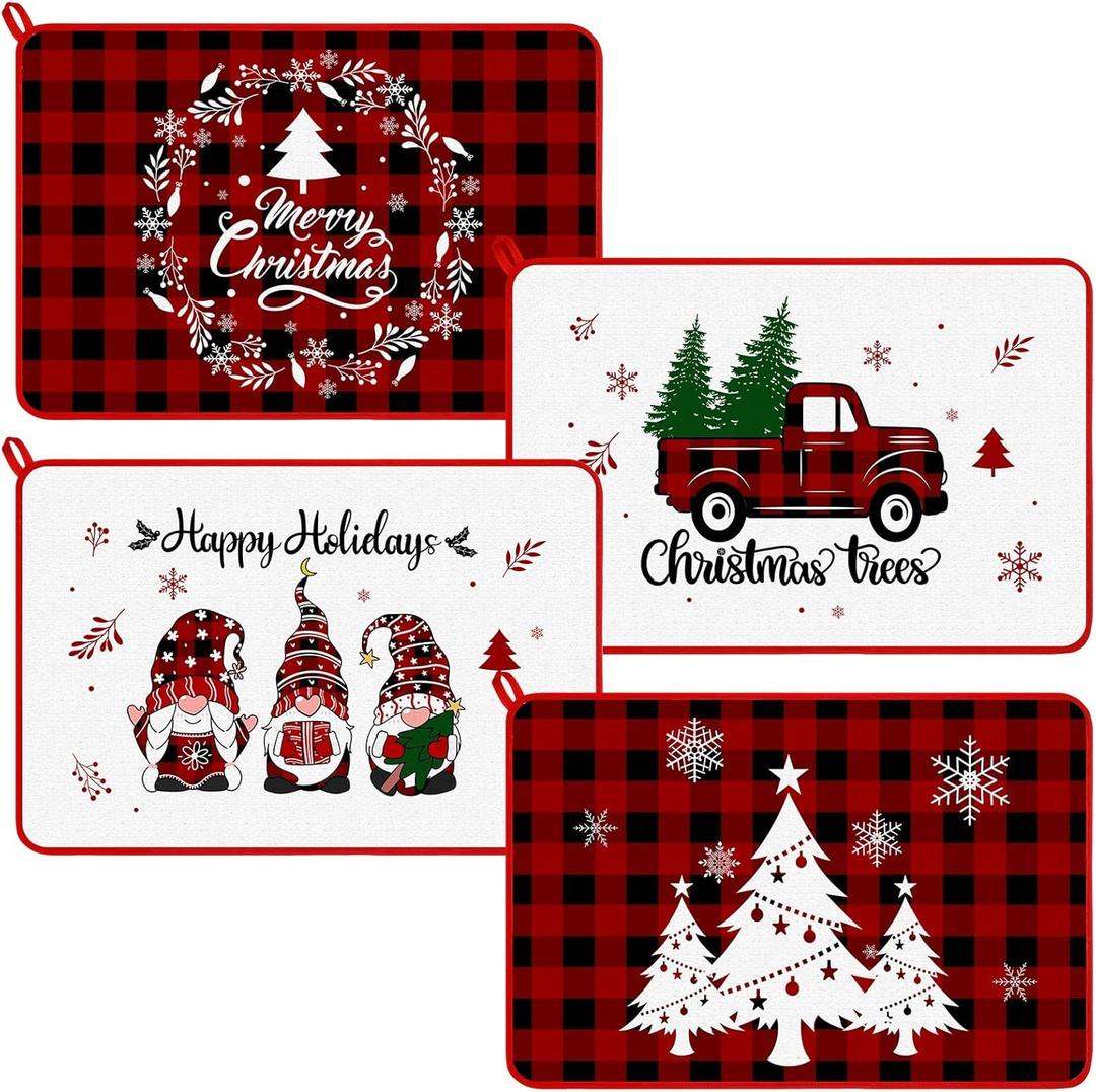 Zonon Dish Drying Mat for Kitchen Counter 16 x 24 Microfiber Absorbent Drainer Rack Pads Dishes Fast Dry Dish Mat Vintage Kitchen Decorations(Christmas Tree)