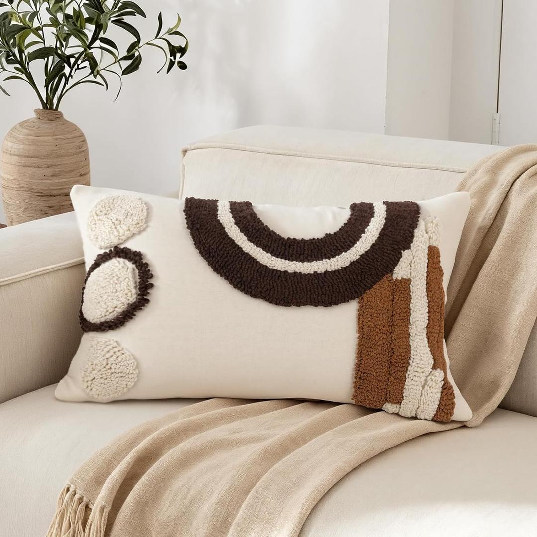 Boho Abstract Tufted Lumbar Pillow Cover 12x 20, Geometric Rainbow Cottagecore Decor Linen Pillow Cushion Case, Neutral Accent Farmhouse Home Decor for Outdoor Couch Bedroom Car Brown