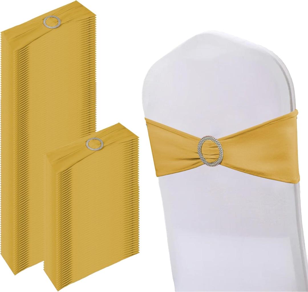 150 Pack Spandex Stretch Chair Sashes Bows, Elastic Stretch Chair Cover Bands Ties with Buckle Slider for Wedding Party Ceremony Reception Event Banquet Decoration (Gold)