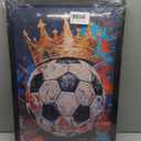 Framed Soccer Ball with Crown Wall Art, Textured Oil Painting Style Sports Canvas Print, King of Football Poster with Solid Wood Frame, Modern Graffiti Wall Decor for Boys Bedroom Bar, 16"L x 24"W