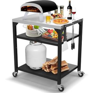 Pizza Oven Table for Ooni, Ninja, Woodfire, Blackstone, Bighorn, Cuisinart, Outdoor Grill Table for Ooni Pizza Oven Accessories, Movable Pizza Oven Stand as Food Prep Cart, Barbecue Tool Set