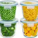 8 PCS Glass Meal Prep Containers with Lids, Airtight 3 Cup Glass Storage Containers Set, Round Deep Soup Containers with Lids for Leftover, Microwave, Dishwasher, and Freezer Safe(4 Sets) (Blue)