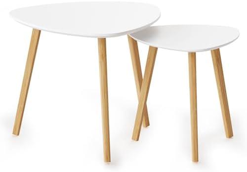 BAMEOS Bamboo Nesting Triangle End Table,Set of 2 Coffee Table Modern Minimalist Side Table for Living Room, Balcony in White