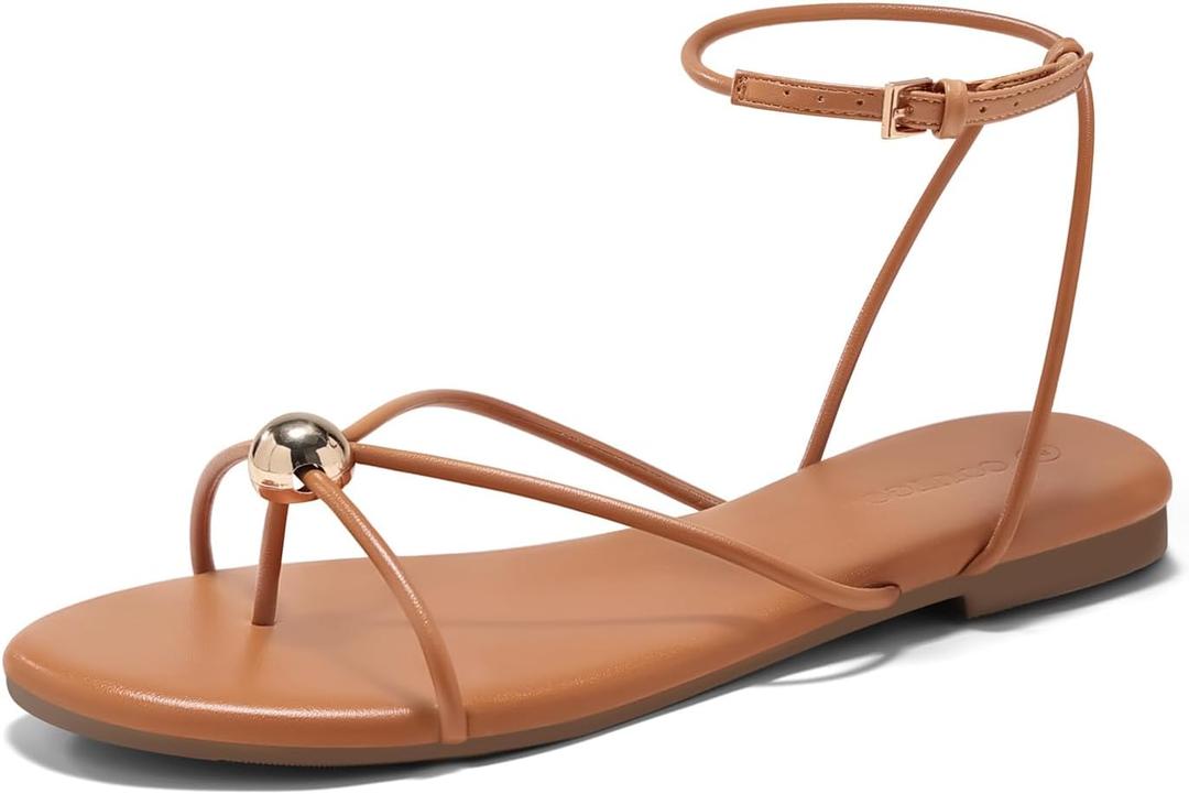 Coutgo Womens Strappy Flat Sandals Open Toe Flip Flops Sandals Ankle Strap Summer Beach Shoes (Orange) Size 11
