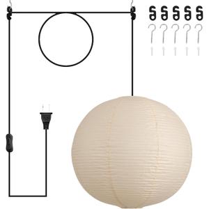 20in Paper Lanterns Plug in Hanging Lamp Off-White 19.7FT Cord | Rice Paper Lamp Lantern Pendant Light Large Globe Japanese Japandi Wabi Sabi Chandelier for Dining Living Room Bedroom 1 Pack, 19.7in