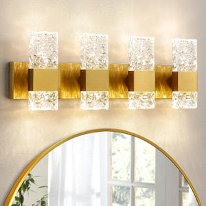 Epinl Gold Bathroom Vanity Light Fixtures - Brushed Gold Vanity Light Bathroom Lighting Fixtures Over Mirror 40W Dimmable Crystal Wall Sconces 4 Light LED Modern Bathrooms Lights 4000K