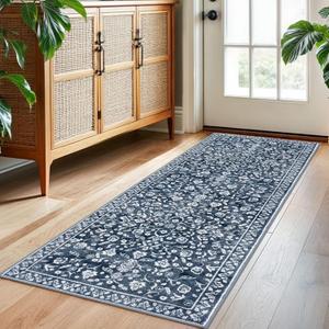Vintage Washable 2x5 Rug Runner, Navy Runners for hallways, Super Soft Kitchen Runner Rug Non Slip, Print Faux Wool Floral Thin Carpet Runner for Entryway Indoor Bedroom (Navy and White)