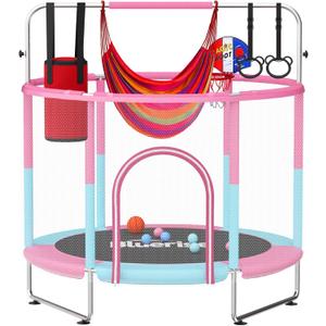 BLUERISE 55IN 6FT Toddler Trampoline for Kids Indoor Outdoor Play for Kids Trampoline Basketball Hoop Attachment with Enclosure Net Easy to Assemble