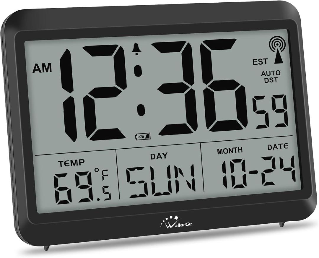 WallarGe Atomic Digital Wall Clock Battery Operated, Self-Setting, Large Display with Temperature, Date, Day of The Week, Silent Wall Mount Digital Clock, 4 Time Zones, DST (Medium)