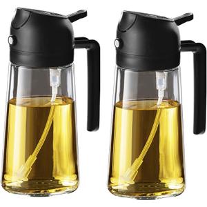 TrendPlain 16oz/470ml Glass Olive Oil Sprayer for Cooking - 2 in 1 Olive Oil Dispenser for Kitchen Gadgets, Air Fryer, Salad, and BBQ - 2 Black