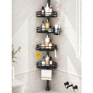 SEIRIONE Corner Shower Caddy Tension Pole, Quick Setup, Rust-Free Bathroom Shower Organizer Corner for Bathtub Shampoo Storage, 4-Tier Adjustable Shelf, Drill Free, Fits 34 to 116 Inch Height, Black