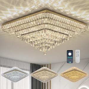 Miuyhji Elegant LED Gold Crystal Raindrop Ceiling Light,30 Inch Square Flush Mount Chandelier with Remote for Living Room Kitchen Island Bedroom Hallway Entryway Foyer (Dimmable)