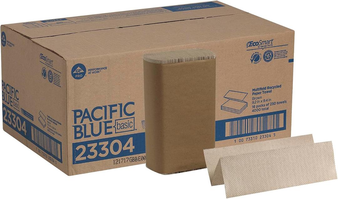 Pacific Blue Basic Recycled Multifold Paper Towels (Previously branded Envision) by GP PRO (Georgia-Pacific), Brown, 23304, 250 Towels Per Pack, 16 Packs Per Case, 250 Sheets