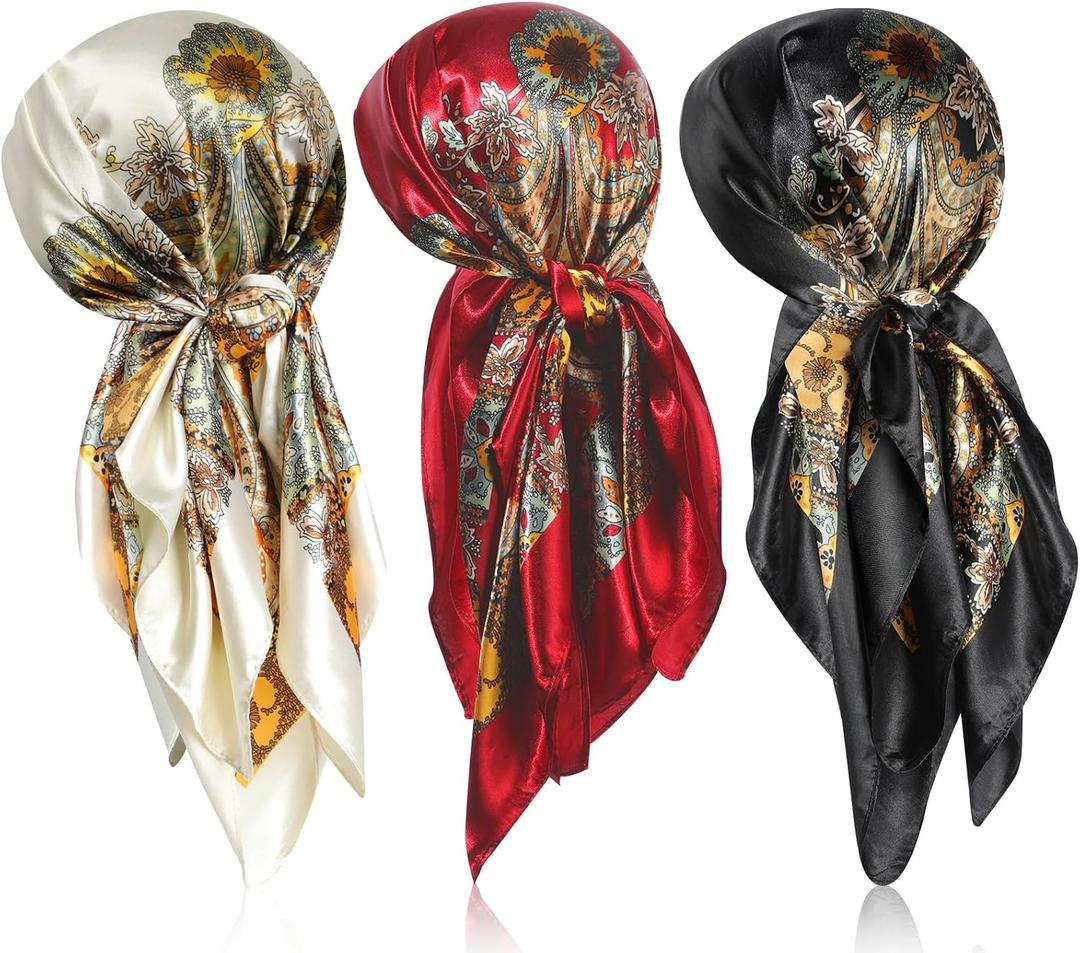 Sintege 3 Pcs 35 Inch Silk Head Scarf Large Square Neck Sleeping Hair Wrapping Satin for Women