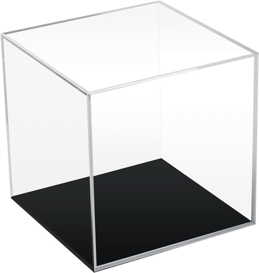 Kcgani Clear Acrylic Simple SelfAssembly Display Box with Black Base, Removable Figures Toys Props Display Riser Stand, Cube Countertop Decorative Storage Box for Home Organization, 5x5x5Inch