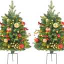 2 Pack Prelit Outdoor Christmas Tree 30 Inch, Remote Control Battery Operated with 100 Warm White Multi-Color Changing LED Lights, Small Pre-Decorated Green Xmas Tree for Pathway, Porch (Red Gold)