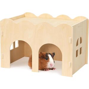 Guinea Pig Hideout, Natural Wooden Chew Proof Hideaway Hut for Small Pets (Guinea Pig)