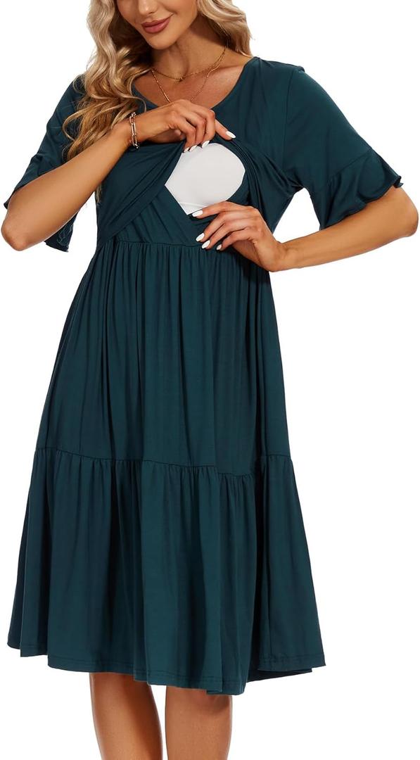 Smallshow Women's Maternity Nursing Dress Ruffle Short Sleeve Breastfeeding Clothes, Medium