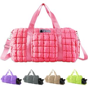 Quilted Travel Duffle Bag Gym Bag for Women, Large Puffer Duffle Weekender Bag with Compartment, Workout Overnight Carry on Organizer Bag Duffle Bag for Airplane Travel(L-Pink)