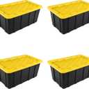 Sterilite 38 Gal Industrial Tote, Stackable Storage Bin with Snap-Fit Lid for Garage, Basement & Attic Storage, Black Base and Yellow Lily Lid, 4-Pack