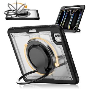 Case for iPad Pro 11 Inch M4 2024,Shockproof Protective Cover,360 Rotating Handle Stand, Adjustable Shoulder Strap& Pencil Holder (Transparent) (Clear)
