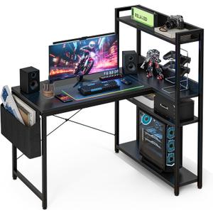 Grandder 40 Inch L Shaped Computer Desk with Reversible Storage Shelves, Home Office Corner Desk Study Writing Table with Hutch, Study, Black