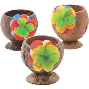 Fun Express Coconut Cups for Party 12 Pack - Natural Coconut Shell Cups with Colorful Flowers | Hawaiian Luau Party Supplies & Tiki Party Decorations | Tropical Theme Favor Holders for Candy Buffet