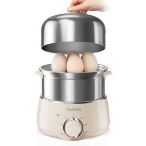 Hard Boiled Egg Cooker - CACHOO 14-Egg Rapid Stainless Steel Egg Boiler with 30-Min Timer & Auto Shut Off, Compact Electric Vegetable Steamer for Cooking, Dishwasher Safe, Beige (2-Tier)