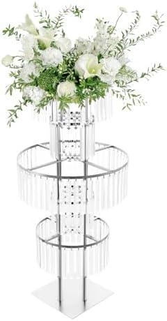 Lemoeyes Crystal Vases for Centerpieces, Flower Stand with Hanging Crystals, 43.3" Silver Wedding Vase, 5 Tier Round Chandelier Pedestal Stand for Wedding Stage Flower Arrangement Decor (Silver, 1PC)