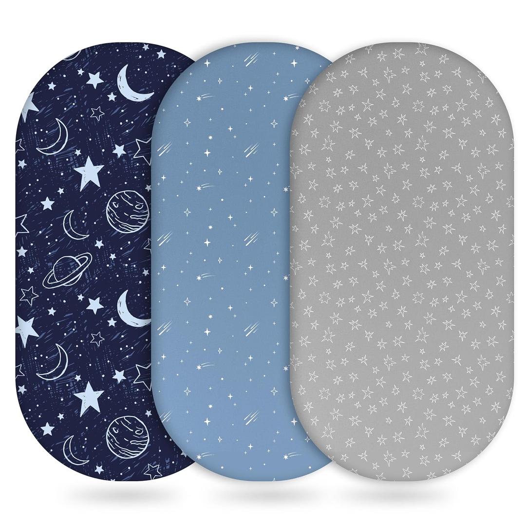 Baby Bassinet Sheets Girl Boy, Fitted Bassinet Sheet Set 3 Pack Bassinet Mattress Sheets Universal Fit for Rectangle, Round, Oval, Hourglass Mattress, Soft Breathable Blue Gray Planet
