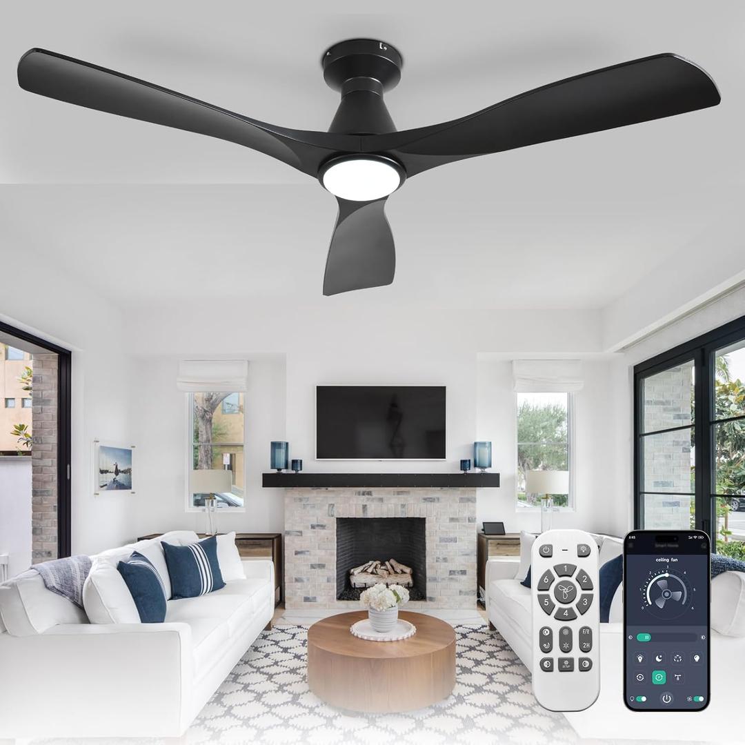 Depuley 52-Inch Ceiling Fans with Lights: Black 3 Blade Flush Mount Low Profile Ceiling Fan for Bedroom - Dimmable Indoor Outdoor Fan with Remote APP Control Ultra Quiet DC Motor Timer