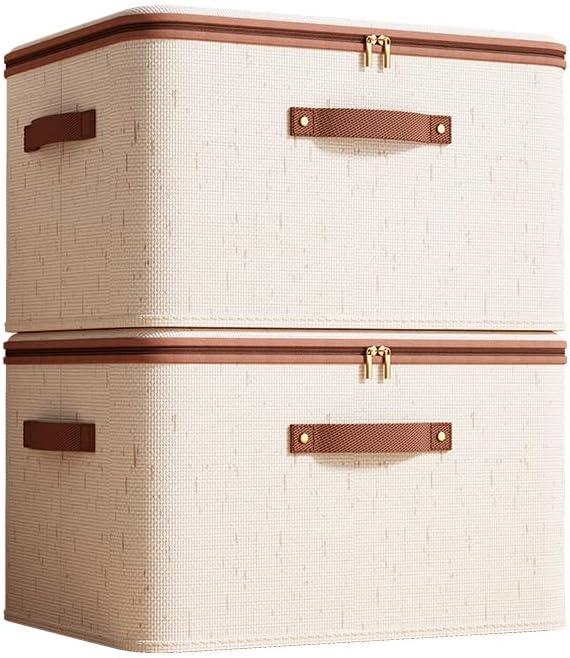 Storage Bins with Lids, Fabric Storage Boxes with Handles, Breathable Cotton Linen Clothes organizing Box for Wardrobe, Closet (2-middle)