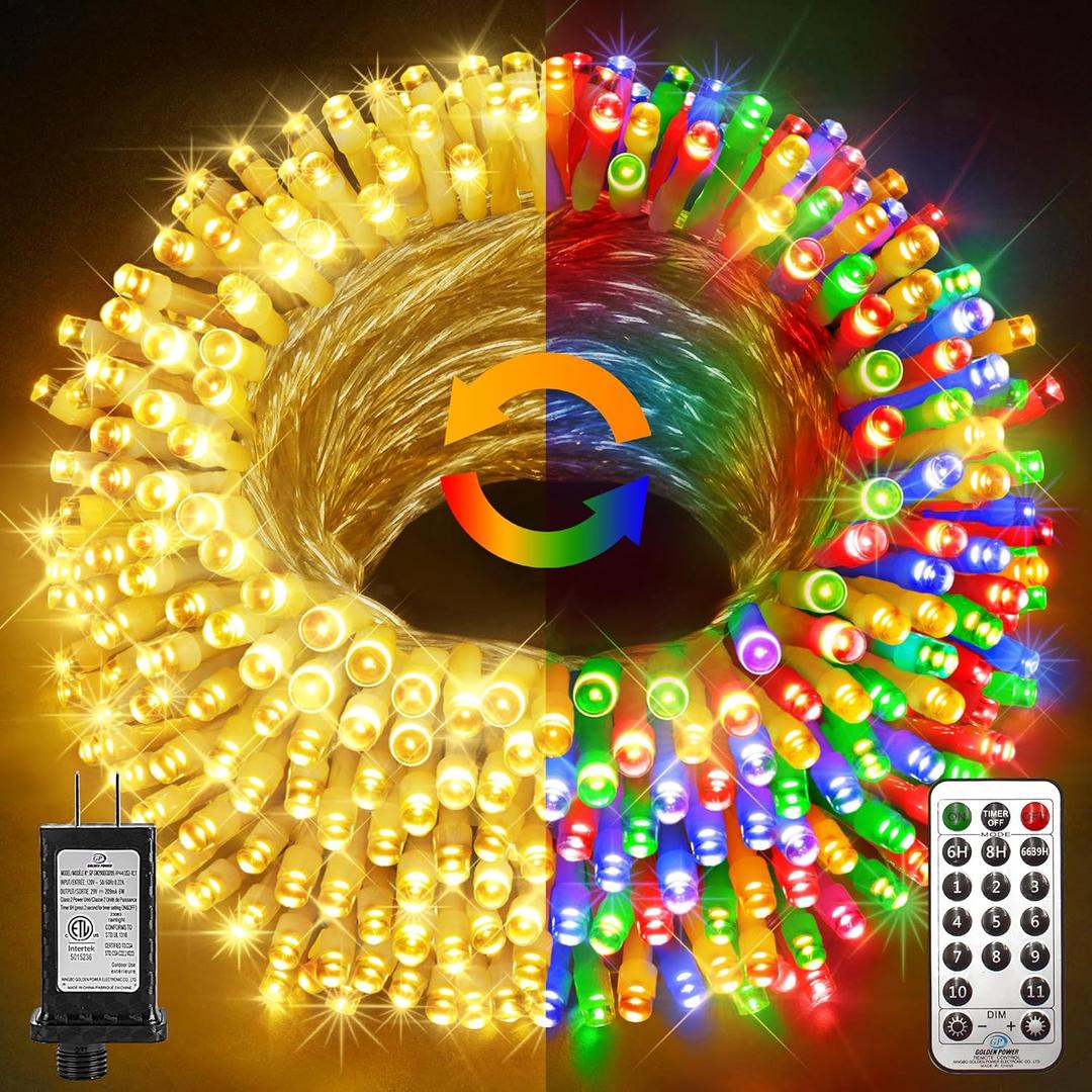 KNONEW Christmas Lights Outdoor 300 LED 99FT Clear Wire Color Changing String Lights with 11 Modes & Timer Dimmable Fairy Light for Xmas Tree Roof Yard Wedding Decorations(Warm White to Multicolor)
