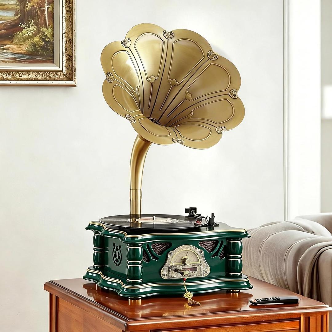 Wooden Vintage Gramophone Record Player, Retro Phonograph Record Players, 3 Speed Turntable for Vinyl Records with Bluetooth Play/USB Play/FM for Home/Office/Hotel/Christmas/Birthday/Party