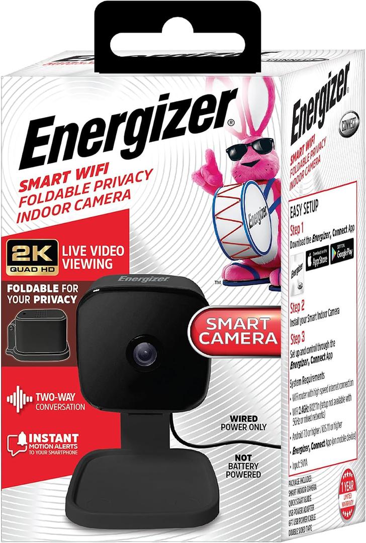 Energizer Smart 2K QHD Security Camera, Wired Indoor 2.4Ghz Wi-Fi Camera, 2-Way Audio, Night Vision, Motion Detection & Instant Alerts, App Control, Cloud & Micro SD Storage, Foldable for Privacy