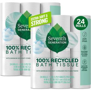 Seventh Generation Toilet Paper White Bathroom Tissue 2-ply 100% Recycled Paper without Chlorine Bleach 24 count, Pack of 2