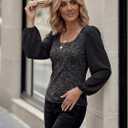 HEYTALALA Womens Puff Long Sleeve Tunic Tops Button Down Square Neck Blouse Loose Fit Basic T Shirt Elegant Tee Shirts (L)