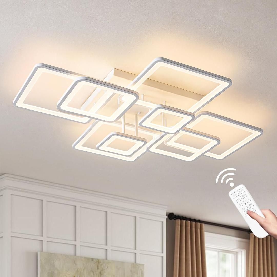 Shine LUEST Modern Ceiling Light, 39.4'' Dimmable LED White Flush Mount Ceiling Lights with Remote Acrylic Round Ceiling Lamp Fixture for Low Ceiling Bedroom Living Room Dining Room, 100W (White 8 Rings)