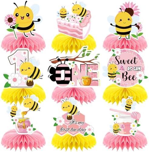 9pcs Happy 1st Bee Day Honeycomb Centerpieces Bumble Bee First Birthday Party Table Decorations Pink It's My 1st Bee Day Table Centerpiece for Girl Baby Shower Sweet as can Bee Table Topper Sign Decor