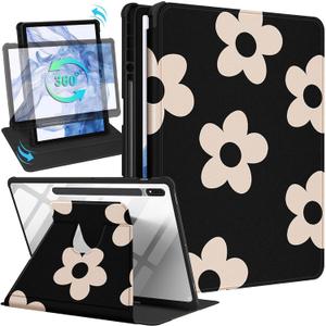 Wazzasoft for Samsung Galaxy Tab S7/S7 Plus/S8 Plus Case - 12.4 Inch Folio Cover with Pencil Holder - Women/Girl Cute Girly Black Flower Unique Design - Rotating Tablet Case
