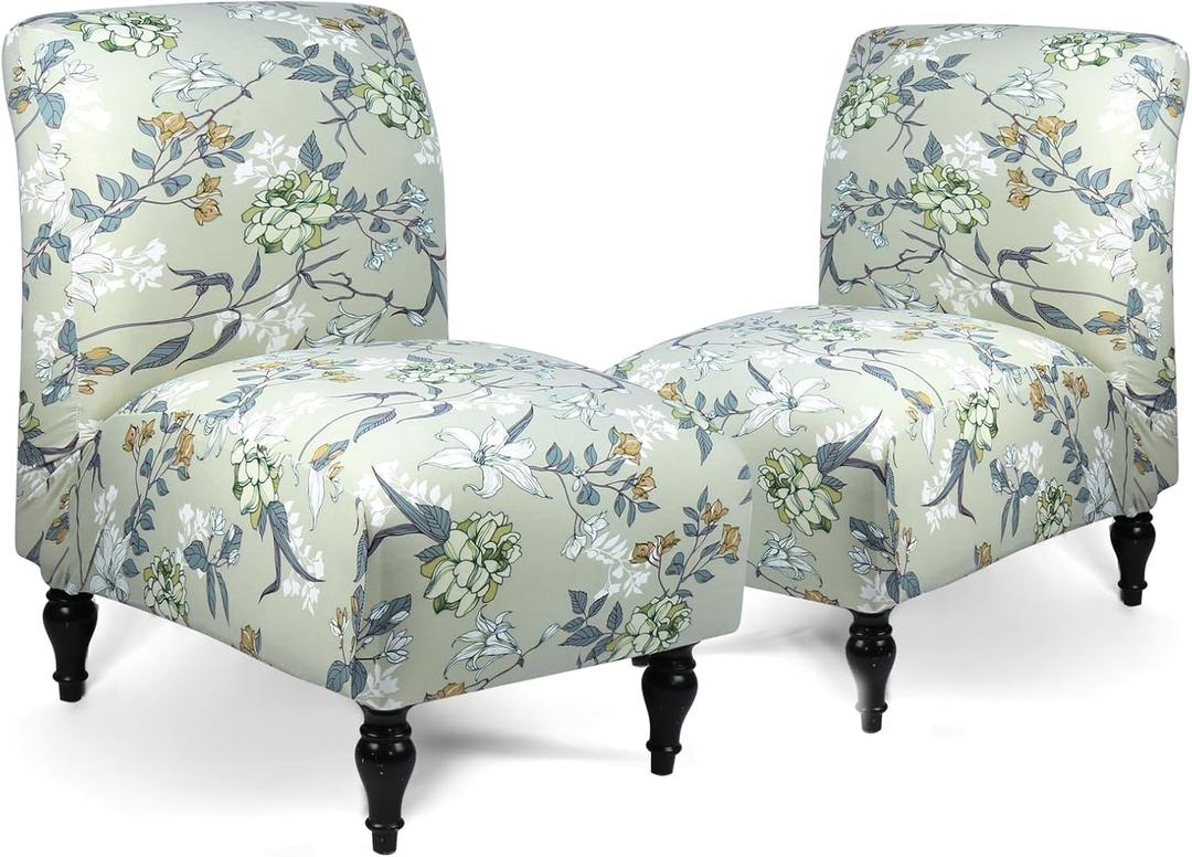 Iauddy Armless Accent Slipper Chair Cover Slipcover,Stretch Spandex Printed Removable Non-Slip Silp Cover for Accent Chair Without Arms for Living Dining Room(Light Green,2)