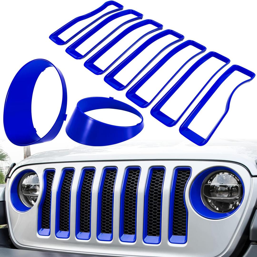 Front Grille Mesh Inserts & Headlight Cover for Jeep Wrangler JL JLU Sport & Sport S Only 2018-2023 Exterior Accessories Clip-in Grille Guard Cover Headlight Bezels Trim Ring (Blue 9PCS)