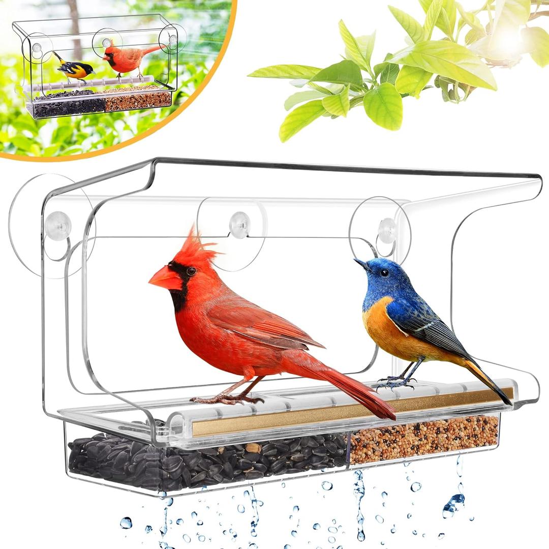 LUJII Shatterproof Window Bird Feeder with Strongest Suction Cups, Polycarbonate Window Mount Feeder with Crystal Clear View & Life-Out Tray, Fits Bigger Birds Like Cardinal or Blue Jay, Clear