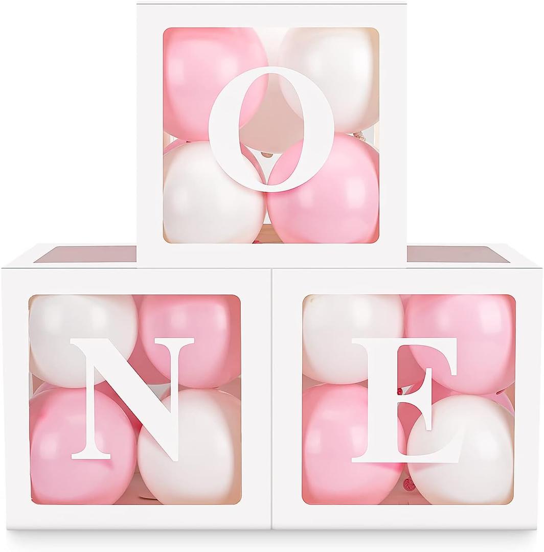Baby Girl First Birthday Party Decorations 'ONE' Letters Individual Three White Transparent Square Boxes with 24 Balloons Decor for 1 Year Old Baby Birthday Party Decor Backdrop Favors