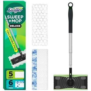 Swiffer Sweep & Mop Deluxe 2-in-1 Floor Mopping and Sweeping Kit, Multi-Surface Kit for Floor Cleaning, Kit Includes 1 Sweeper Device, 5 Heavy Duty Dry Sweeping Cloths, 6 Heavy Duty Wet Mopping Cloths