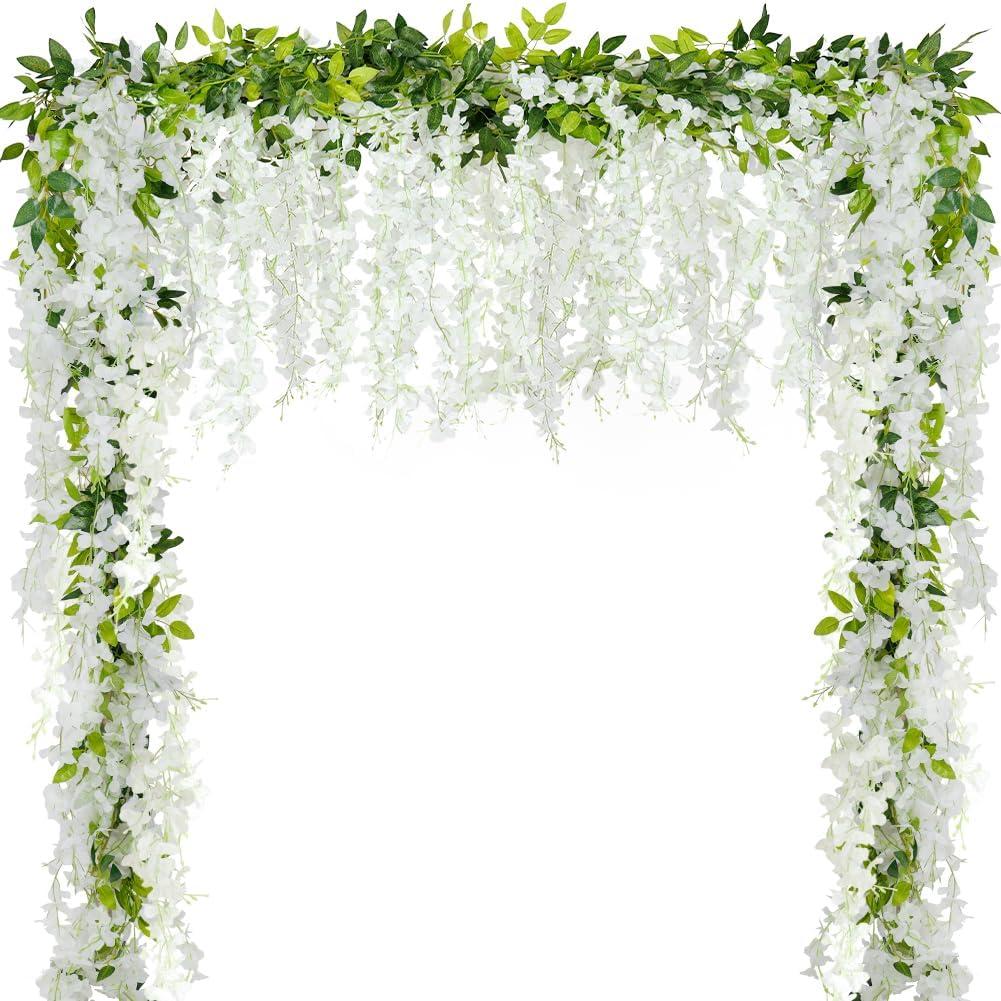 4Pcs Wisteria Artificial Flower Garland 6.9Ft White Wisteria Vine Silk Hanging Flowers Fake Rattan Floral Decor for Garden Outdoor Ceremony Wedding Arch Decoration Party Backdrop, Total 27.6Ft, White